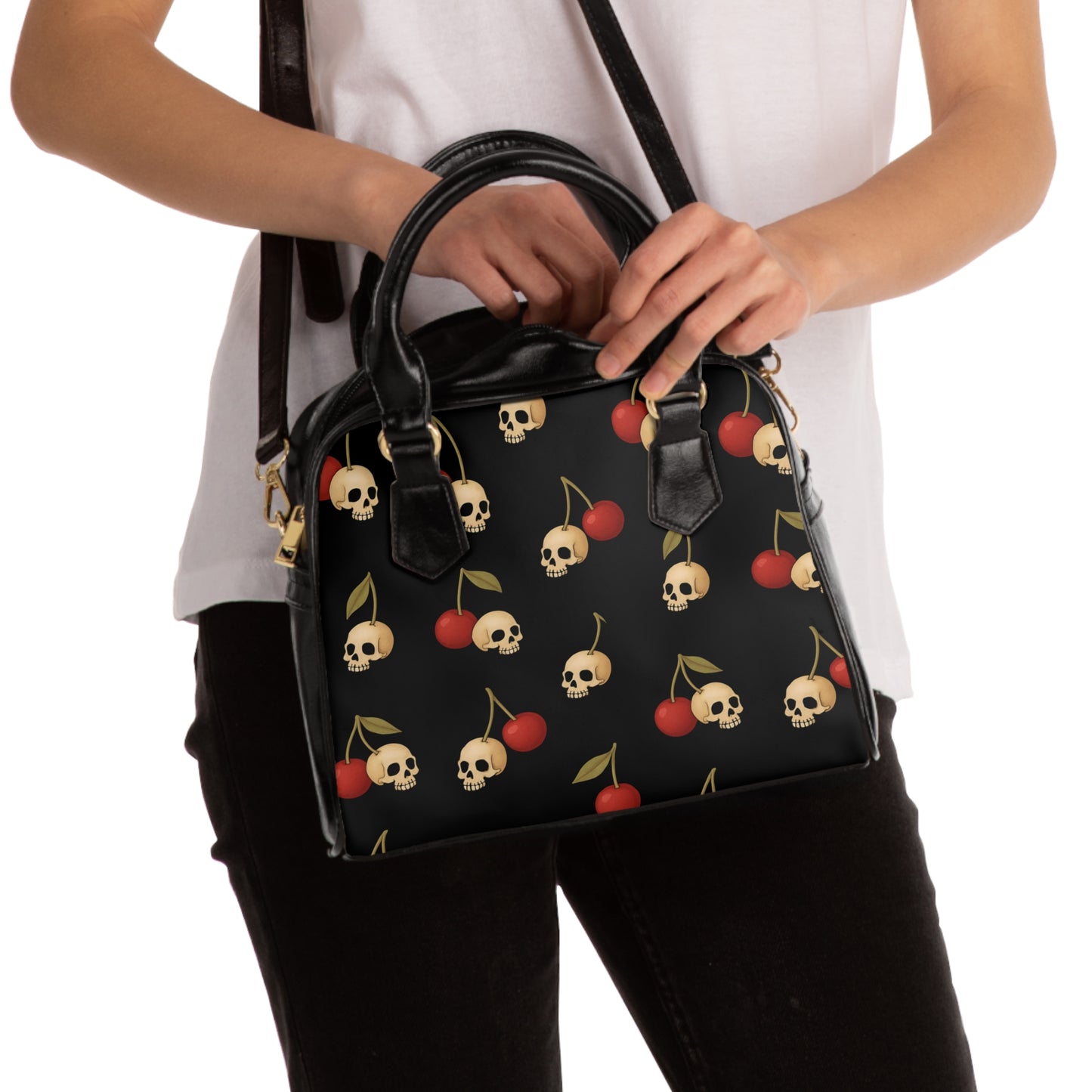 Gothic Cherries & Skulls handbag with cherry and skull motif
Alternative fashion gothic purse with playful skull design
Edgy punk rock handbag with cherries and skull artwork