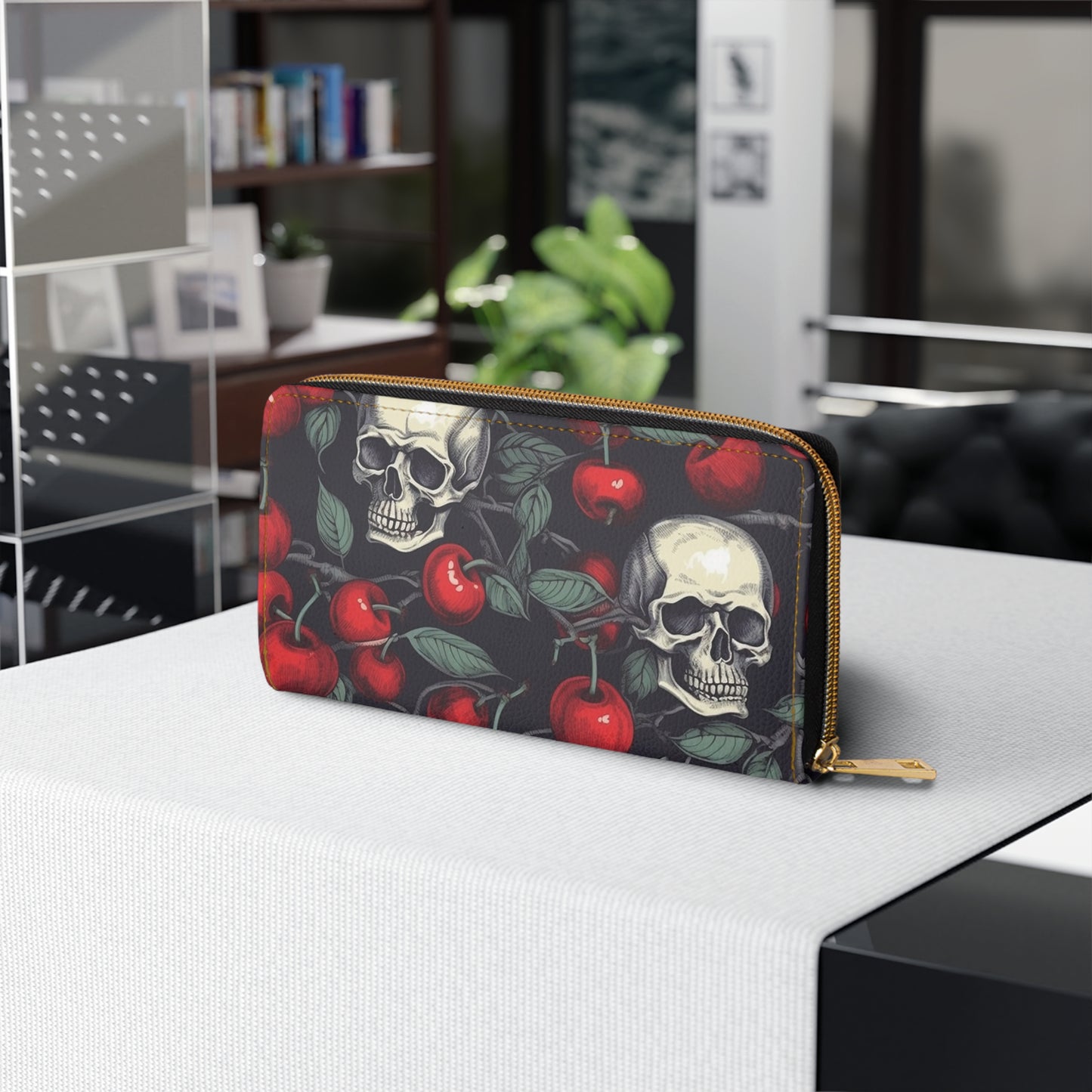 Crimson Skull gothic wallet with red skull motif
Alternative fashion punk rock wallet in crimson
Edgy gothic zip wallet with skull design