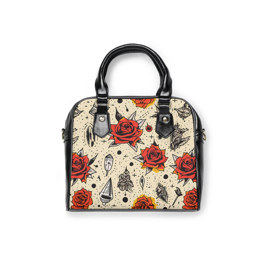 Rebel Roses gothic handbag with rose motif
Alternative fashion punk rock handbag
Edgy gothic purse with rebellious roses
Gothic shoulder bag with enchanted rose design - alternative fashion handbag featuring dark floral pattern and mystical elegance gance