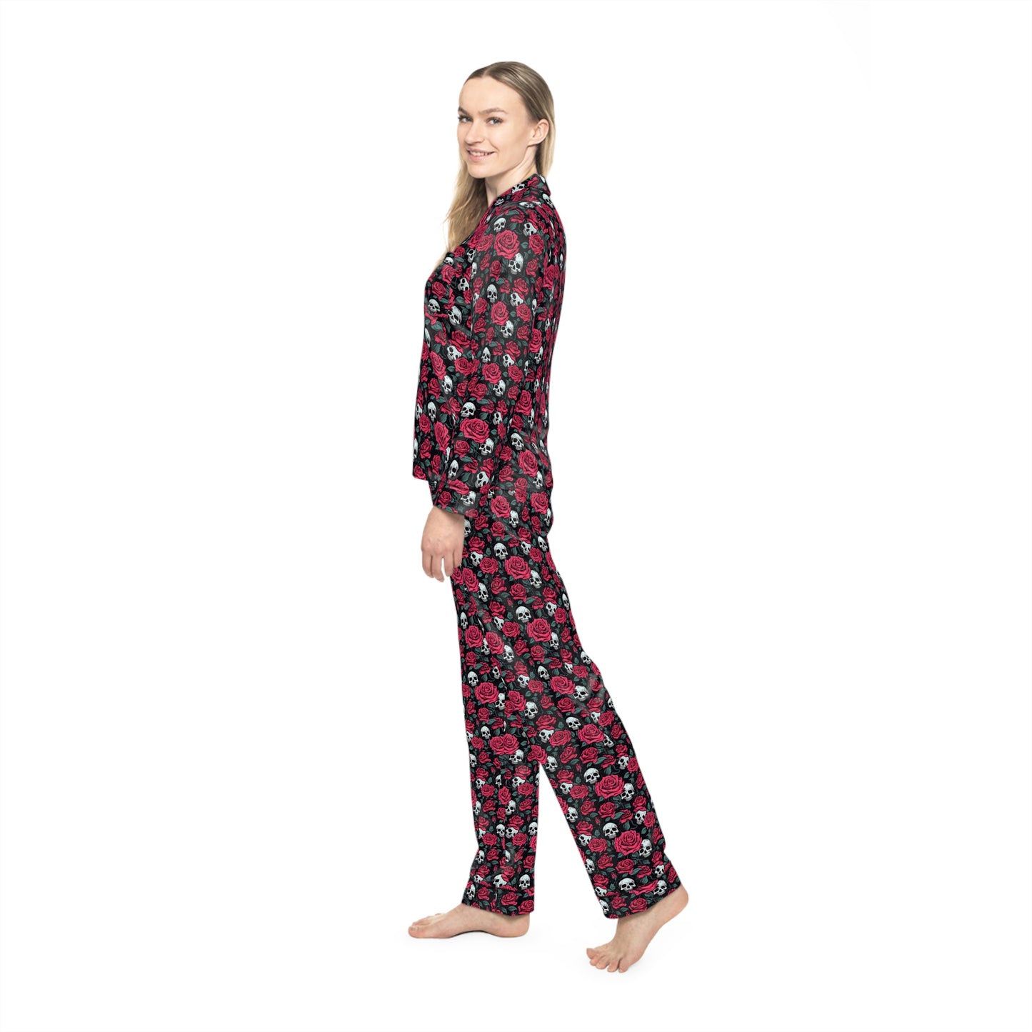 Side view showcasing the flowing satin silhouette