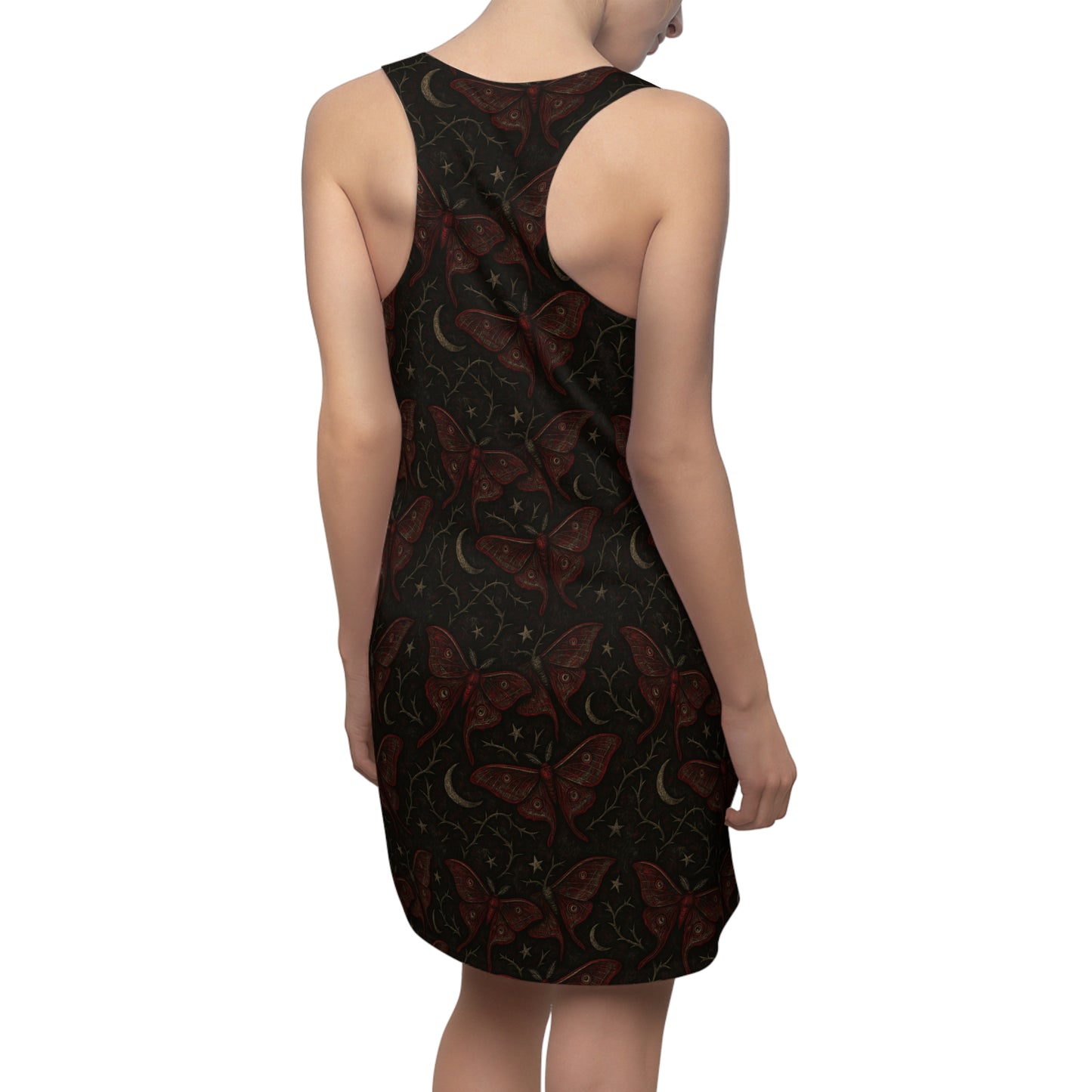 Crimson Muse gothic maxi dress in crimson tones
Black dress with crimson red moth pattern on a white background
Edgy butterfly pattern punk rock dress