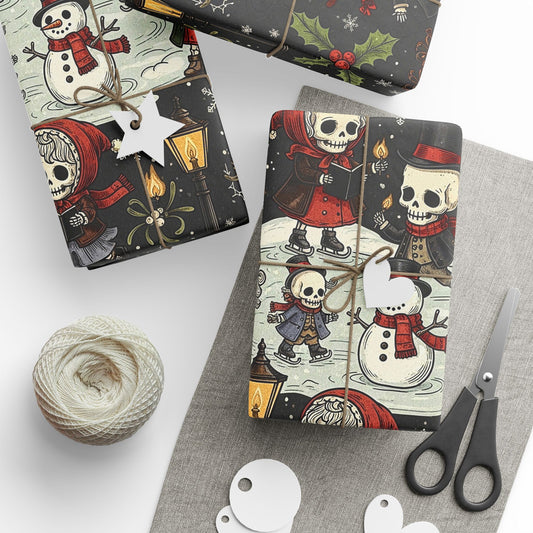 Deck The Halls With Little Skulls In Black Holiday Wrapping Paper In Black - Pack of 10