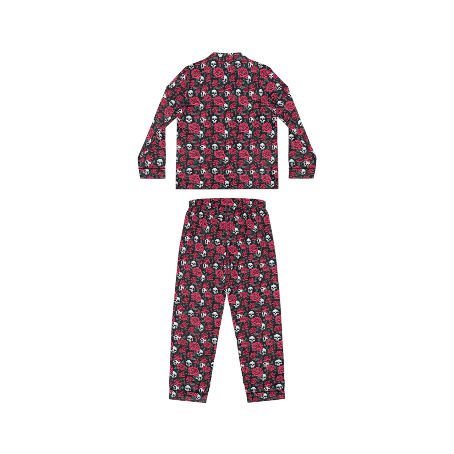 Back view of gothic pajama set displaying full coverage and pattern detail