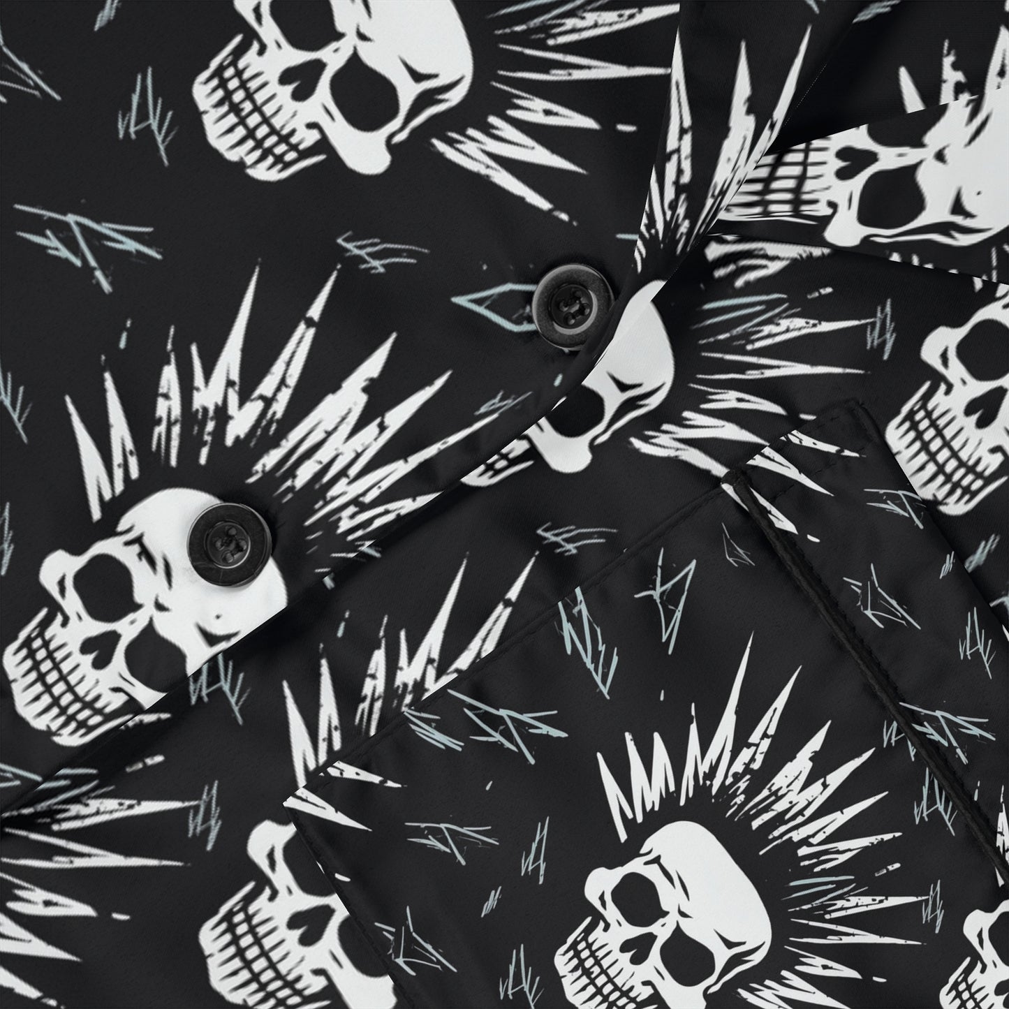 Close-up of gothic skull print on premium black satin fabric showing intricate design details