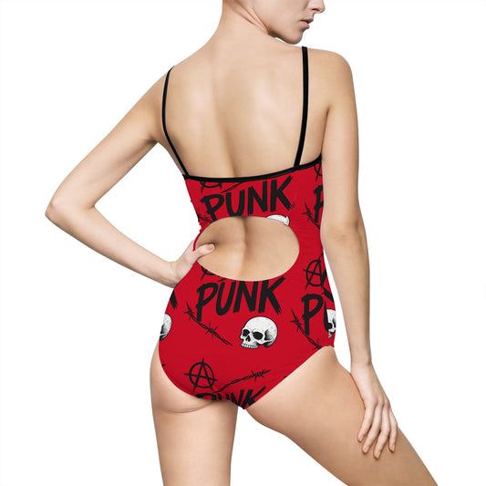 Rebel Punk one-piece swimsuit with skull print
Edgy gothic swimsuit with punk skull design
Alternative fashion punk rock swimwear
