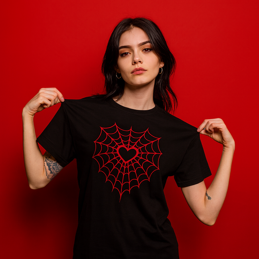 Black gothic t-shirt with red spider-webbed heart graphic