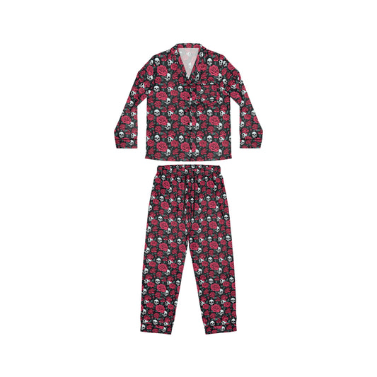 Size-inclusive satin pajama set featuring skull and rose print, available in S-5XL