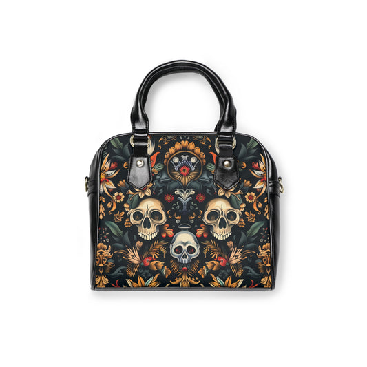 Gothic shoulder bag with skeleton design - alternative fashion handbag featuring macabre bone pattern and dark elegant style