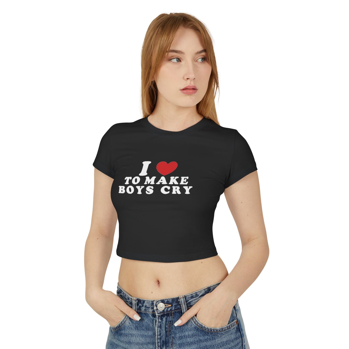 "Close-up of 'I Love to Make Boys Cry' text design showing clear print quality on black baby tee"
"Side view of fitted baby tee showing cropped length and flattering cut for all sizes S-5XL"
"Alternative fashion model wearing statement baby tee paired with high-waisted jeans"
"Back view of empowerment statement tee showing overall fit and fabric quality"
"Detail shot of shirt fabric showing soft material texture and comfortable stretch"