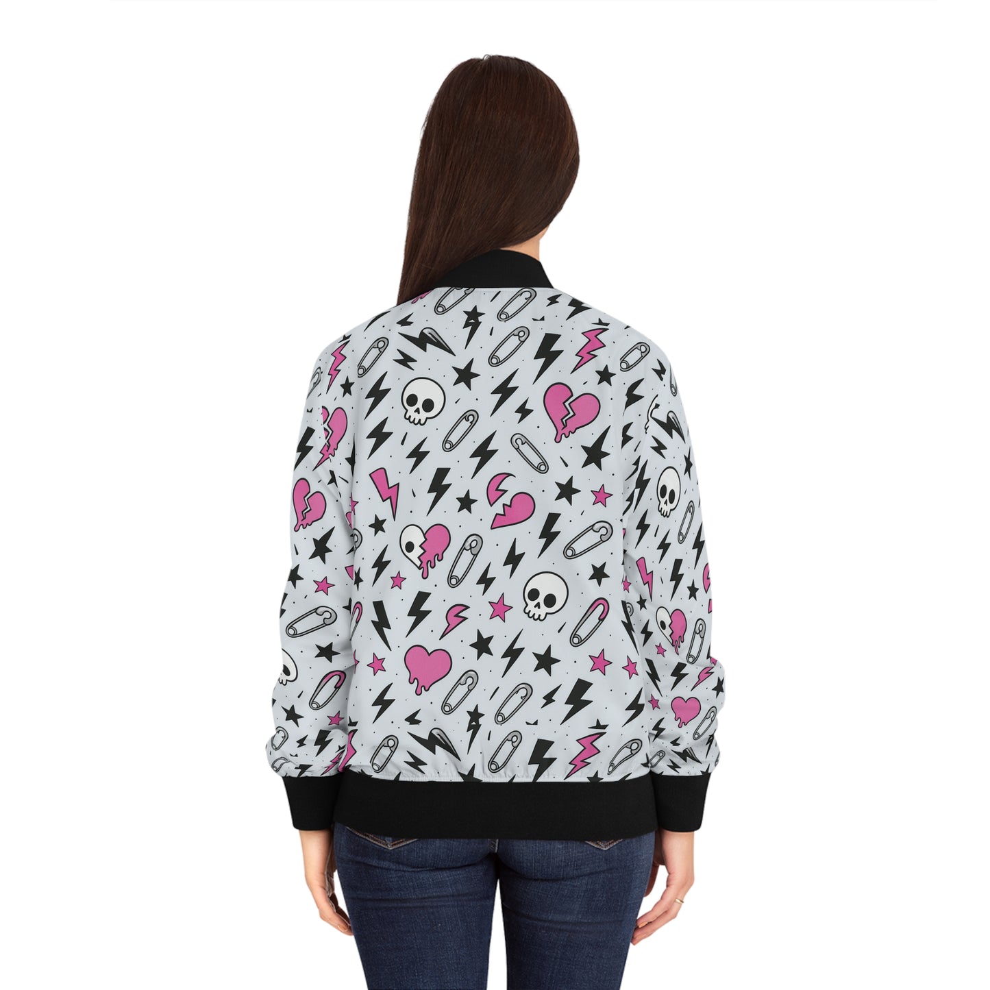 Ashen Chaos bomber jacket with gothic edge
Alternative fashion punk rock bomber
Edgy gothic bomber jacket in ashen tones