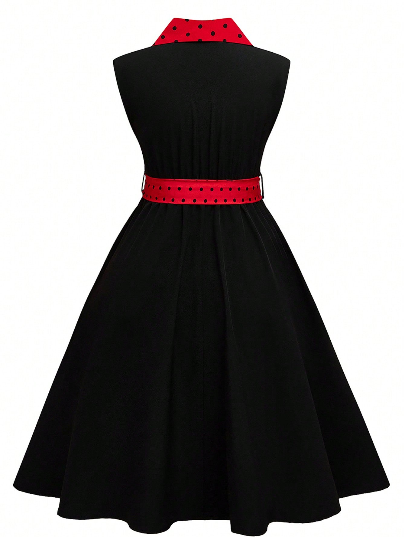 "Back view of black and red sleeveless Queen's Gambit dress showing vintage details"