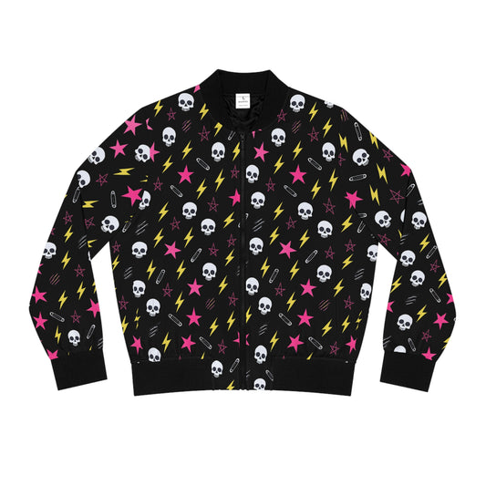 Graveveil gothic bomber jacket with dark motif
Alternative fashion bomber jacket in gothic style
Edgy punk rock bomber jacket for chaos queens