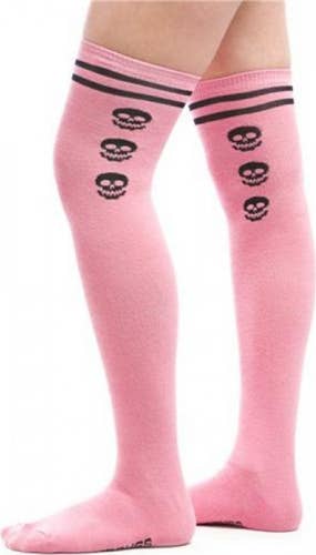 Calcetines - Sourpuss - Medias altas hasta el muslo con calavera universitaria en rosa y negro