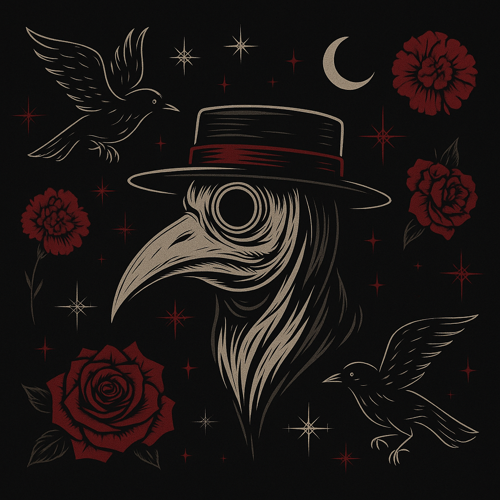 Plague Doctor, Raven, Moon, Stars, Roses Close Up Digital Image