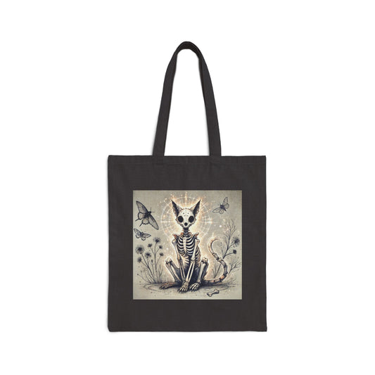 Alternative canvas tote bag with skeleton cat design - edgy feline fashion featuring durable construction and spooky style