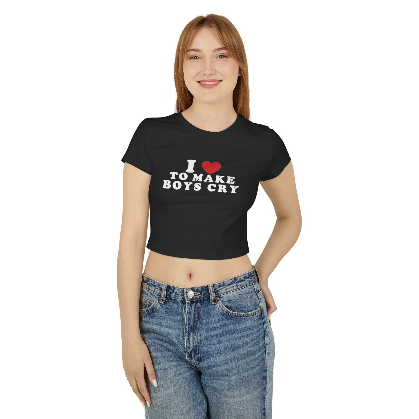 "Edgy styling of I Love to Make Boys Cry tee with leather jacket and platform boots"
"Size-inclusive model showcasing statement tee styled for punk rock attitude"