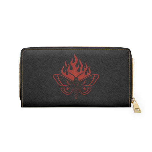 Cinderflight gothic wallet with fiery moth motif
Alternative fashion wallet with gothic moth design
Edgy gothic zip wallet with cinder-wing artwork