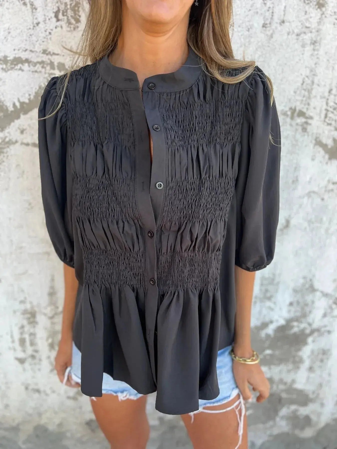 Full Size Red Smocked Button Puff Sleeve Blouse – Plus Size
