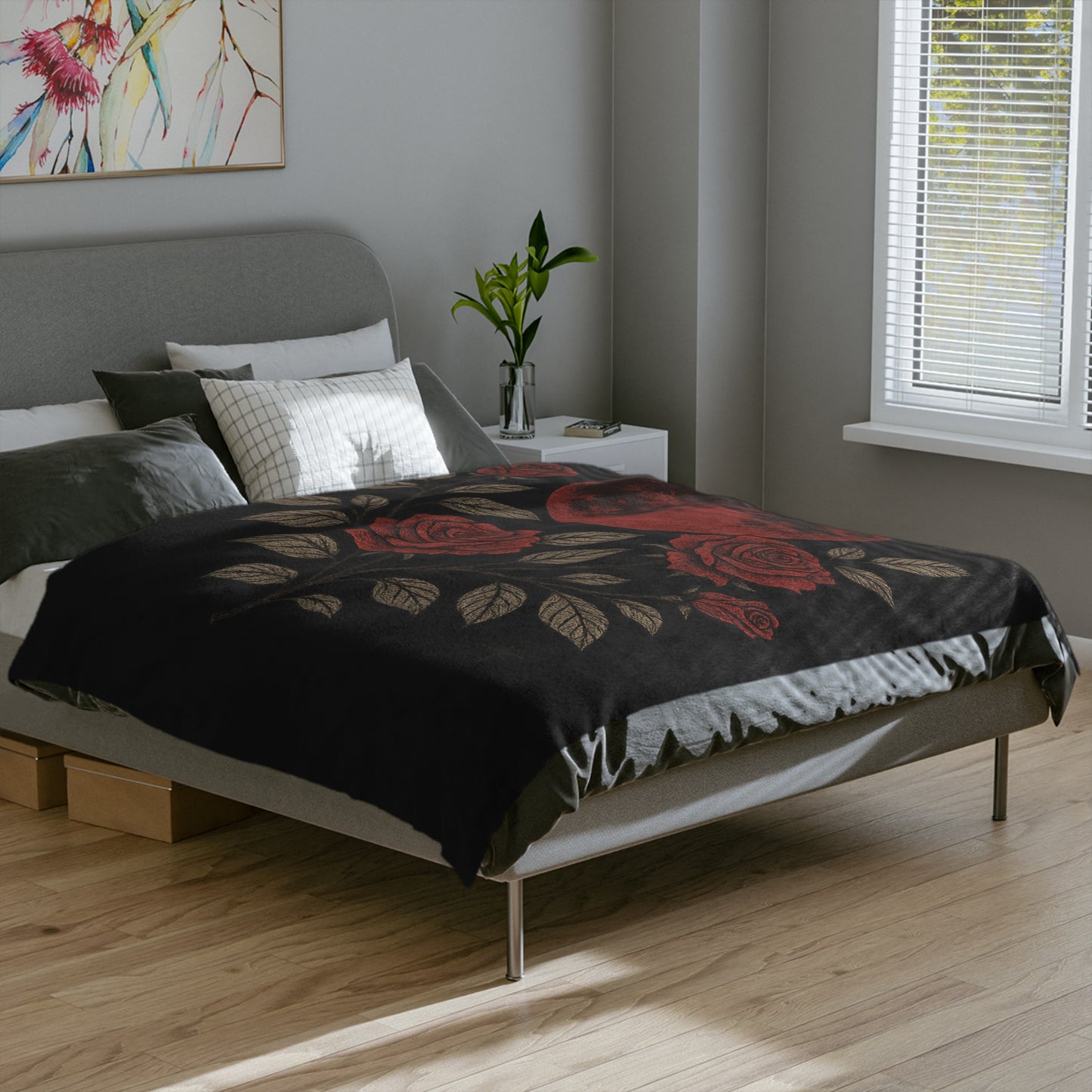 Thornveil gothic blanket with skull and rose motif
Alternative fashion velveteen blanket for gothic home decor
Edgy punk rock microfiber throw with skull and rose design