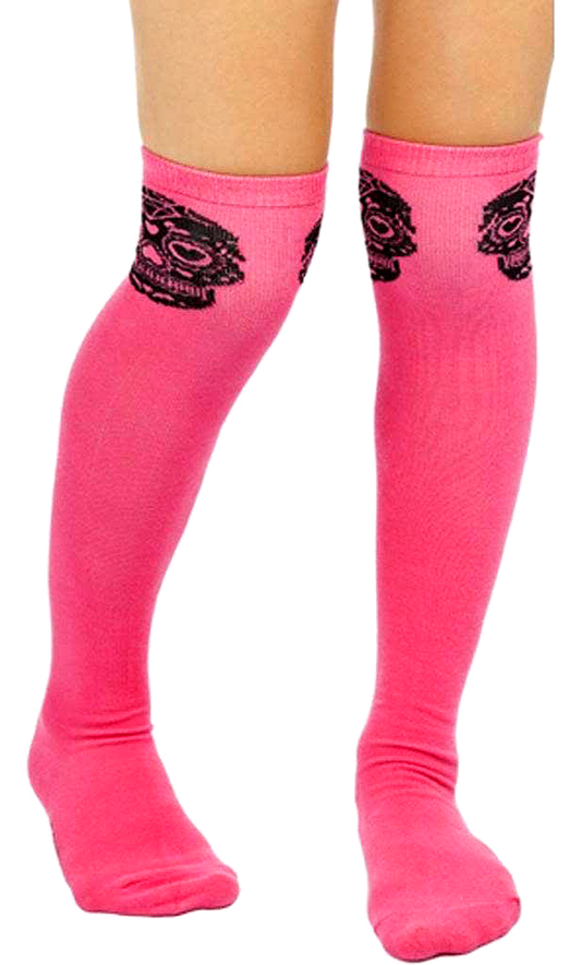 Pink and black sugar skull knee-high socks
Alternative fashion socks with gothic sugar skull motif
Punk rock knee-high socks with bold pink design