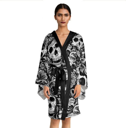 Alternative skull print kimono robe - dark elegant loungewear featuring flowing design and inclusive sizing S-5XL