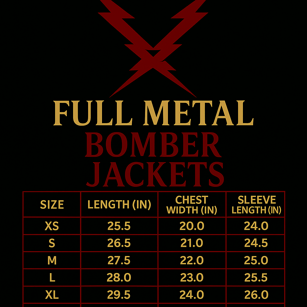 Size chart for Full Metal Bomber Jackets with red and gold text on a black background.