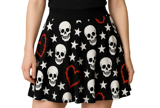 Gothic skater skirt with skull and heart print
Alternative punk fashion skirt with skull motif