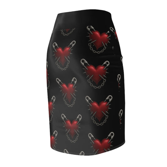 Black pencil skirt with red heart and chain pattern on a white background