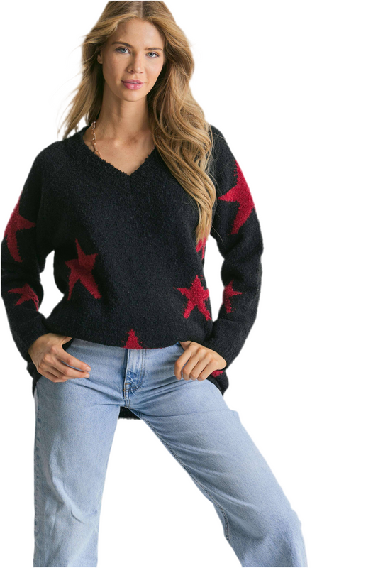 Oversized gothic sweater with star print design
V-neck grunge knit sweater with star motif
Alternative fashion oversized knit sweater in gothic style