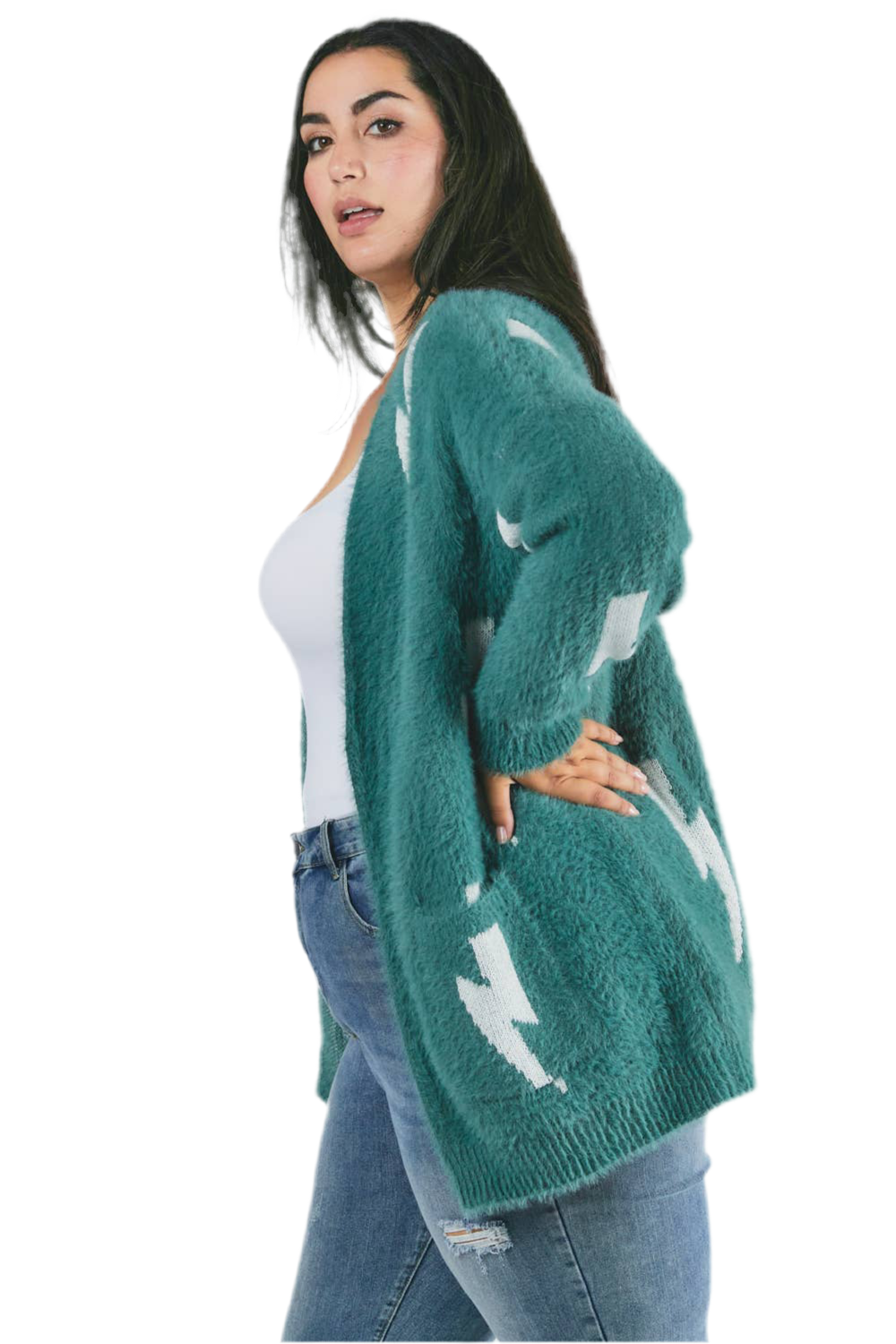 Longline printed gothic cardigan with oversized fit
Grunge-inspired knit cardigan with allover print
Alternative fashion open-front cardigan in gothic style