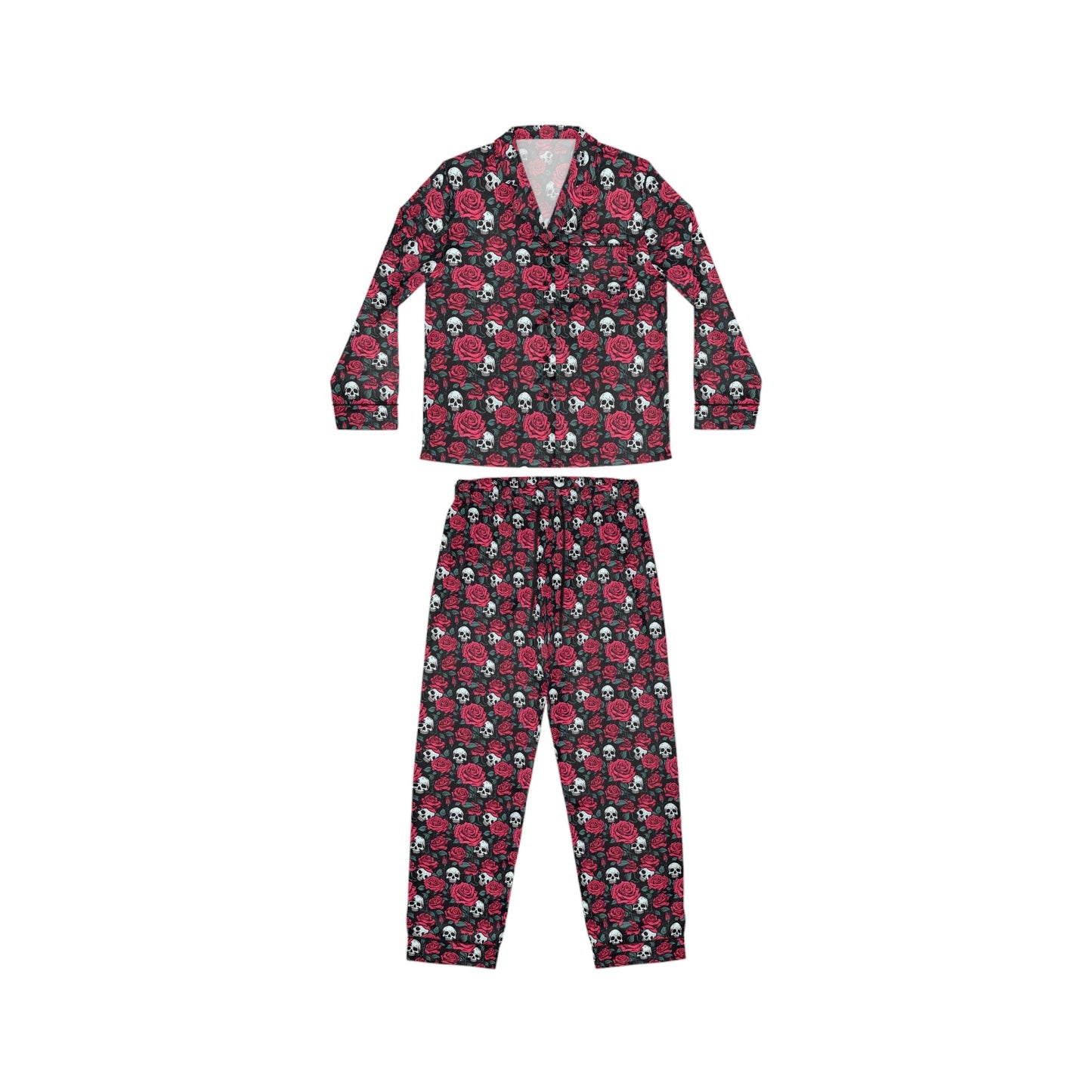 Full outfit view of size-inclusive skull and rose pajama set