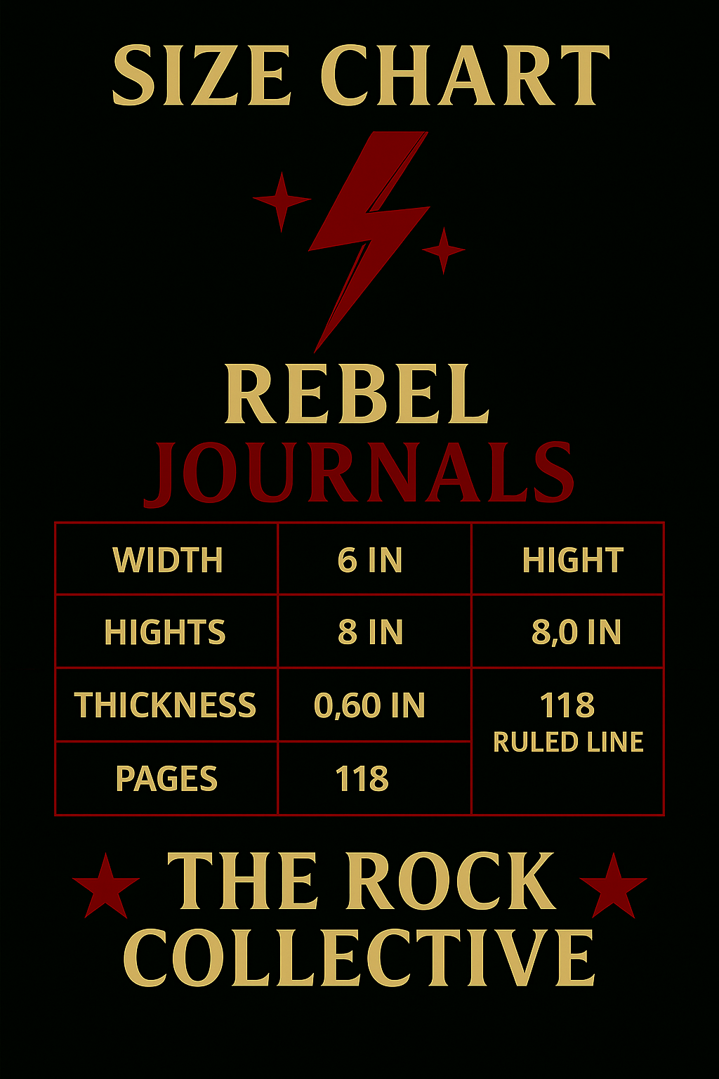 Size chart for Rebel Journals with a red lightning bolt logo on a black background.
