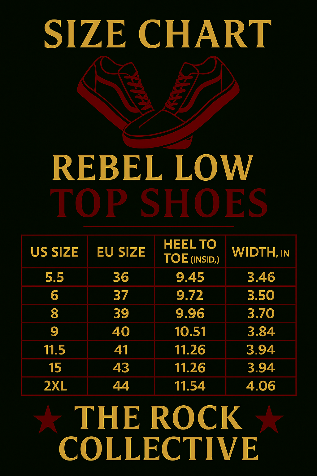 Size chart for Rebel Low Top Shoes by The Rock Collective on a black background
