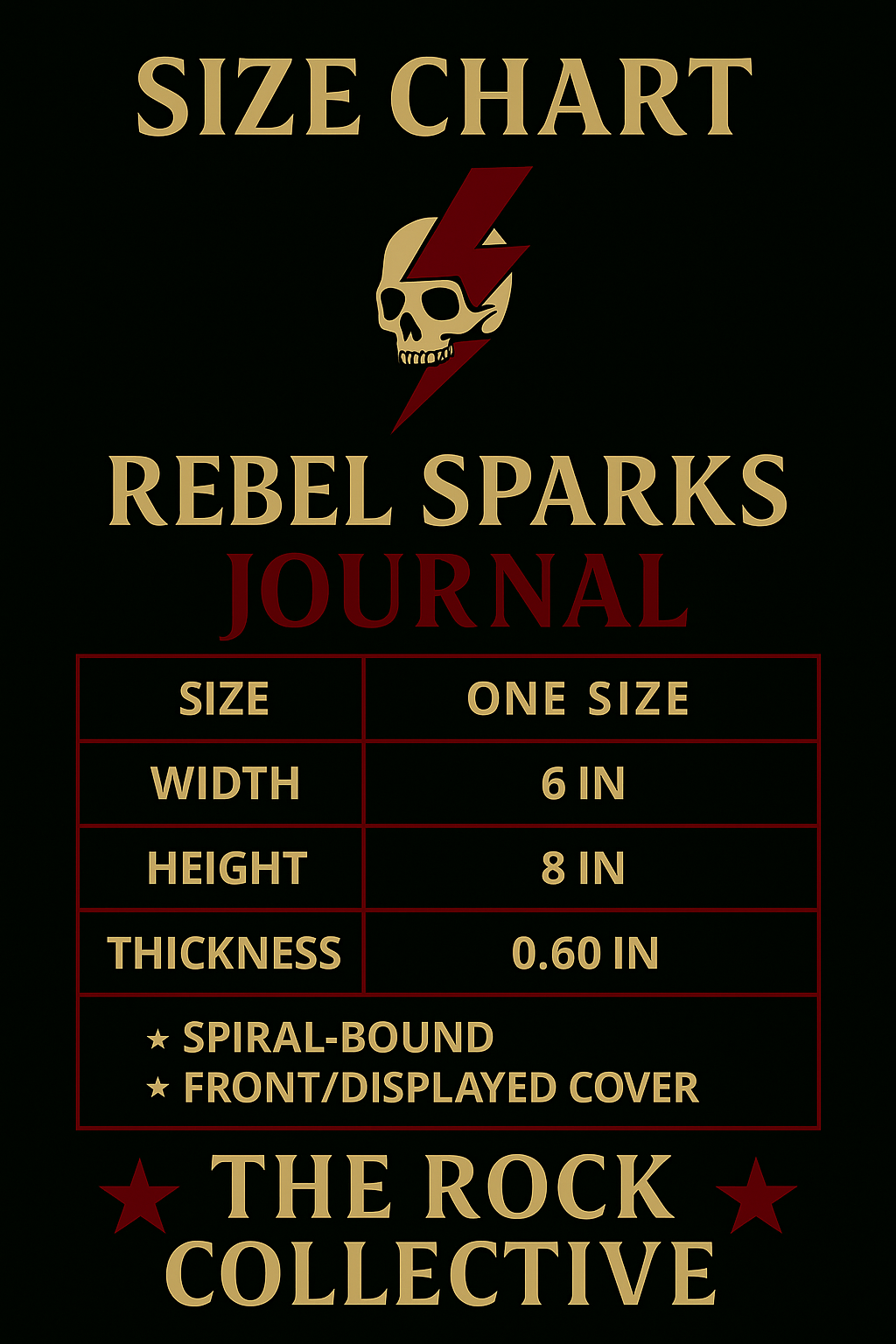 Size chart for Rebel Sparks Journal with rebel logo on black background