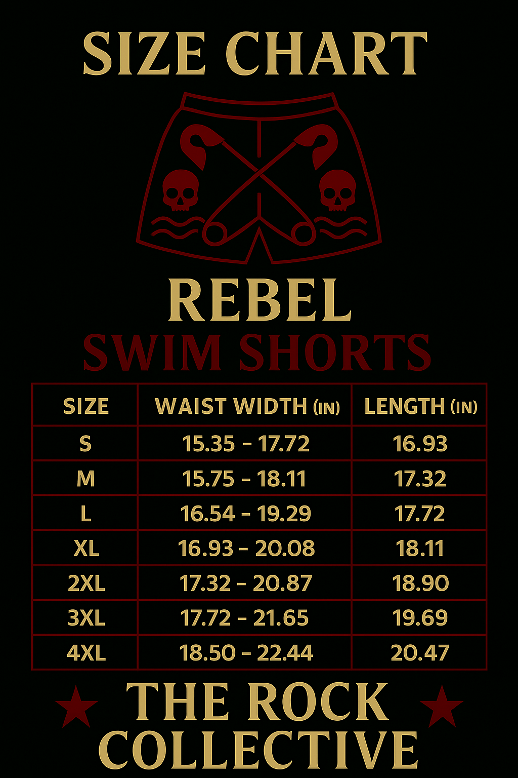 Size chart for Rebel swim shorts with measurements on a black background