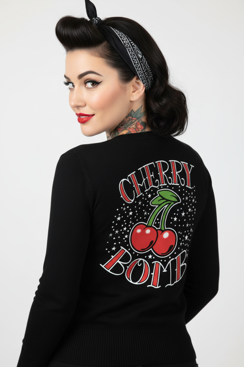 Woman wearing a black sweatshirt with 'Cherry Bomb' design on a white background