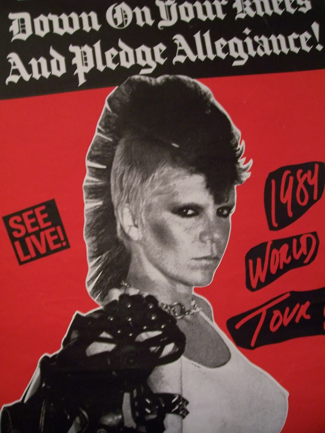 Red punk rock tour poster inspired by the Plasmatics, featuring a black-and-white photo of a fierce mohawked frontwoman with heavy eye makeup and the text “Down on your knees and pledge allegiance – 1984 world tour.”