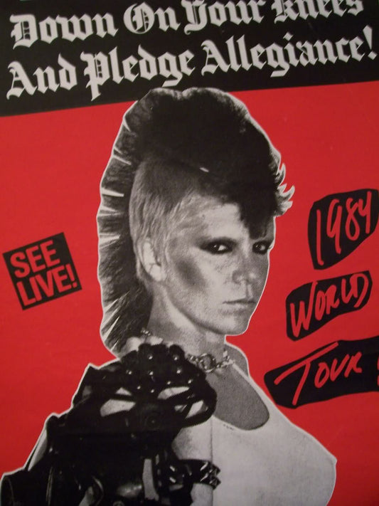 Red punk rock tour poster inspired by the Plasmatics, featuring a black-and-white photo of a fierce mohawked frontwoman with heavy eye makeup and the text “Down on your knees and pledge allegiance – 1984 world tour.”