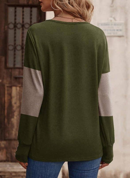SPLICED BUTTON PULLOVER CASUAL V-NECK TOP