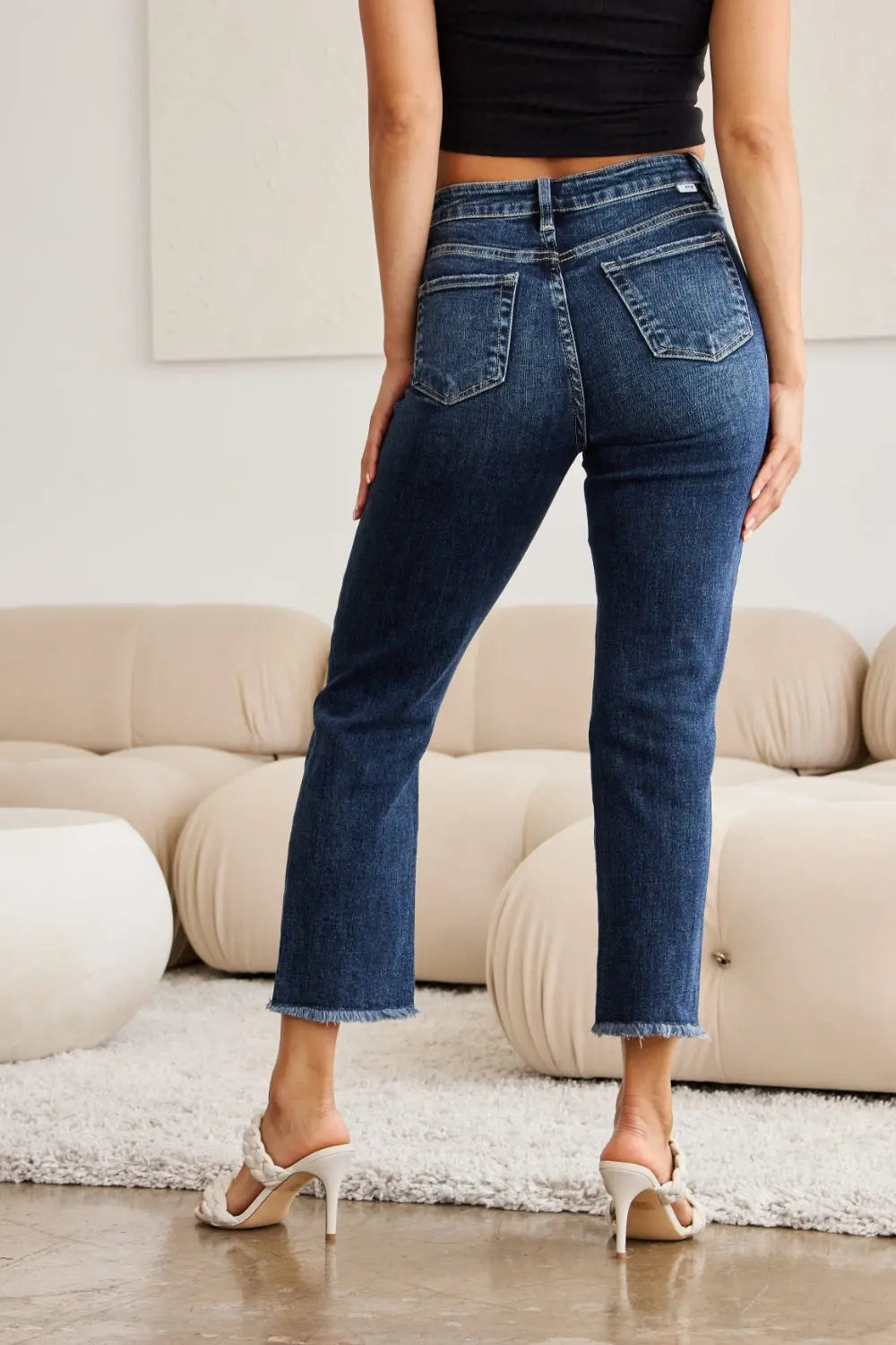 Full Size Tummy Control Distressed High Waist Raw Hem Jeans