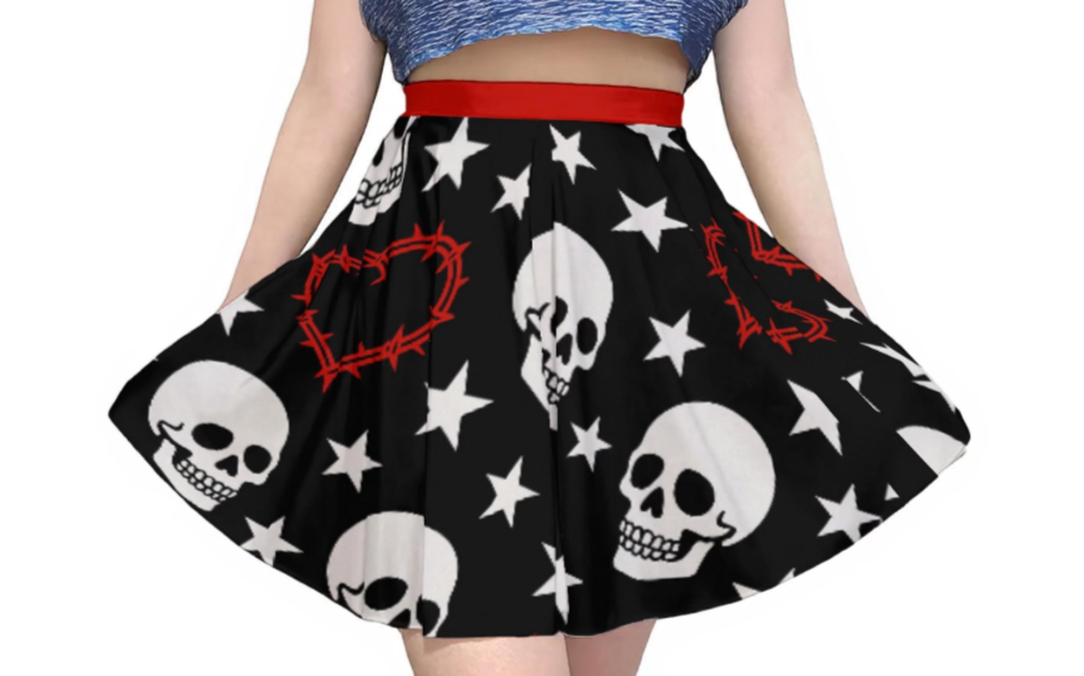 Heartwired Skater Skirt | High-Waisted Flared Mini Skirt (Skulls +