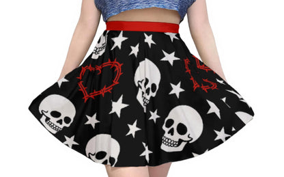 Heartwired Skater Skirt | High-Waisted Flared Mini Skirt (Skulls + Stars + Barbed Hearts)