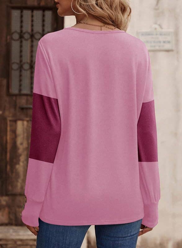 SPLICED BUTTON PULLOVER CASUAL V-NECK TOP