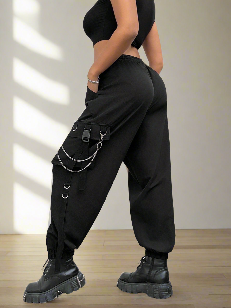 Edgy cargo pants with chain details - alternative fashion featuring edgy design and inclusive sizing S-5XL