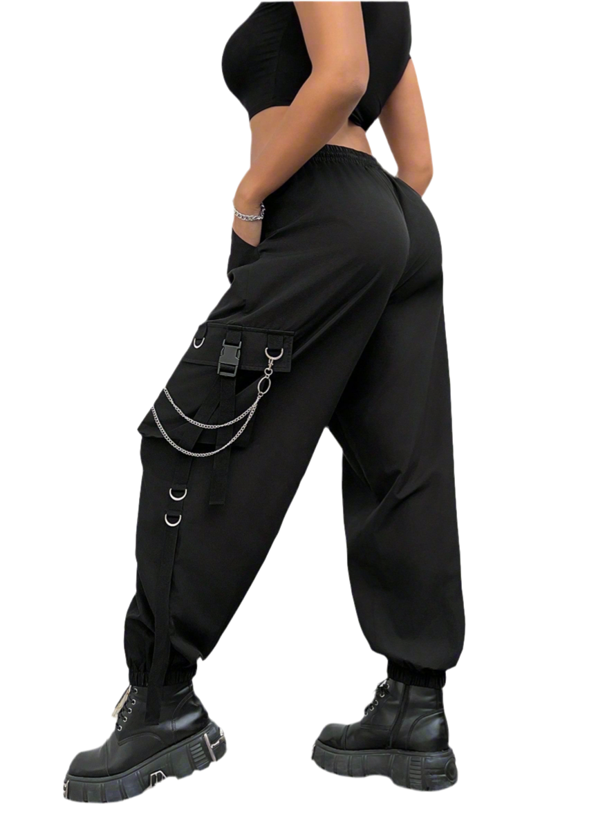 Edgy cargo pants with chain details - alternative fashion featuring edgy design and inclusive sizing S-5XL