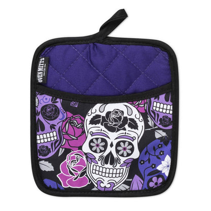 Juego de manoplas y agarraderas para horno con calavera de azúcar color lila