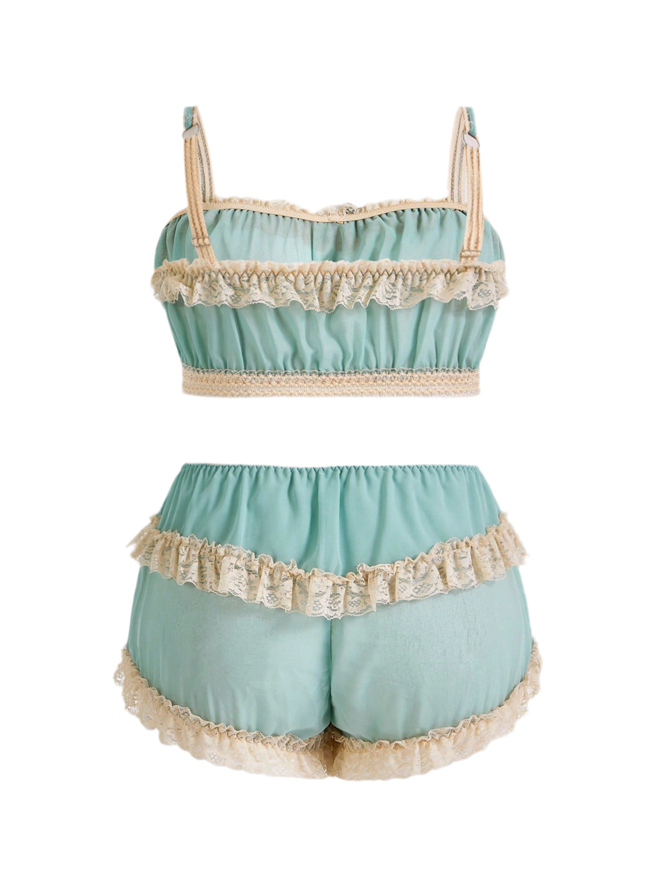 Back view of enchanting loungewear set displaying full coverage and feminine details