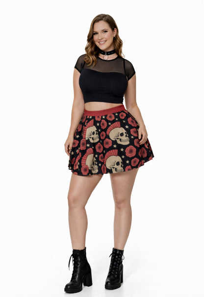 Rose Riot Skater Skirt | High-Waisted Flared Mini Skirt (Skulls + Pink Roses + Stars)