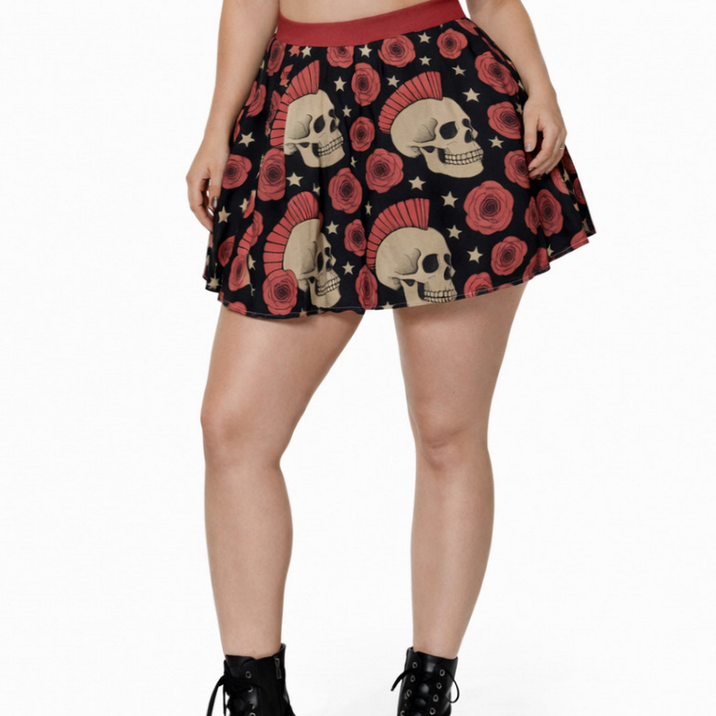Rose Riot Skater Skirt | High-Waisted Flared Mini Skirt (Skulls + Pink Roses + Stars)