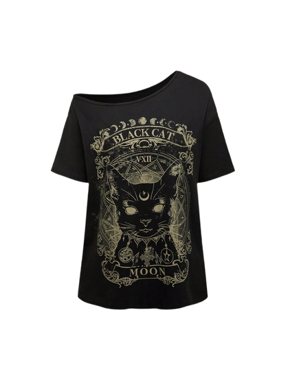 Alternative black cat t-shirt with drop shoulder - casual summer fashion featuring mystical feline design and inclusive sizing S-5XL